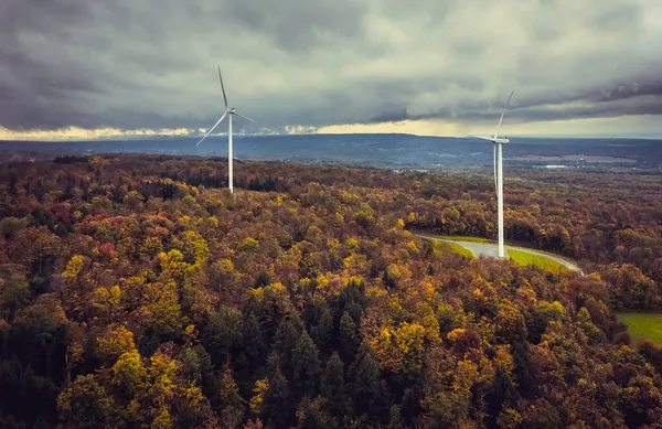 Wind Turbines Top Vermont Mountains Aerial View Fall Season Cloudy — Stock Photo, Image