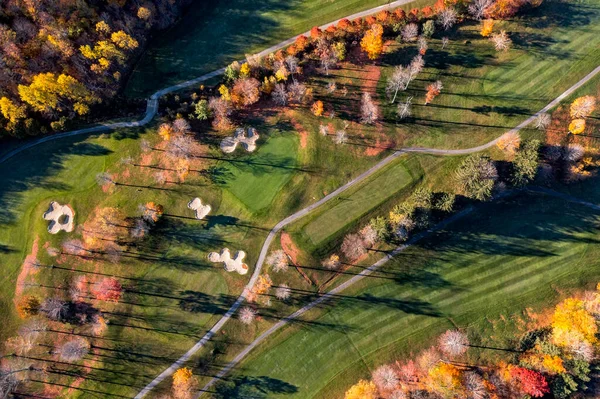 Aerial View Golf Course Autumn Season Colorful Trees Long Shadows — Fotografia de Stock