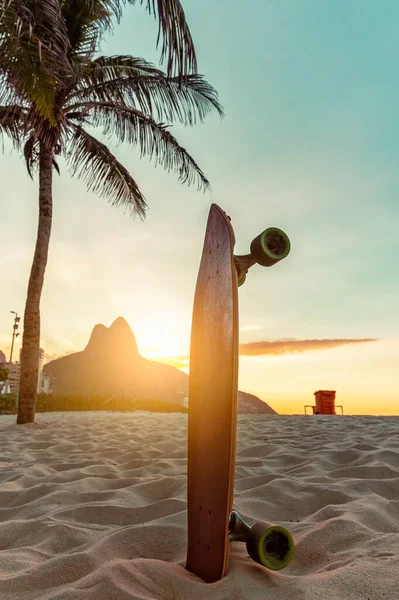 Skateboard Una Palma Sulla Spiaggia Ipanema Rio Janeiro Luce Del Immagine Stock