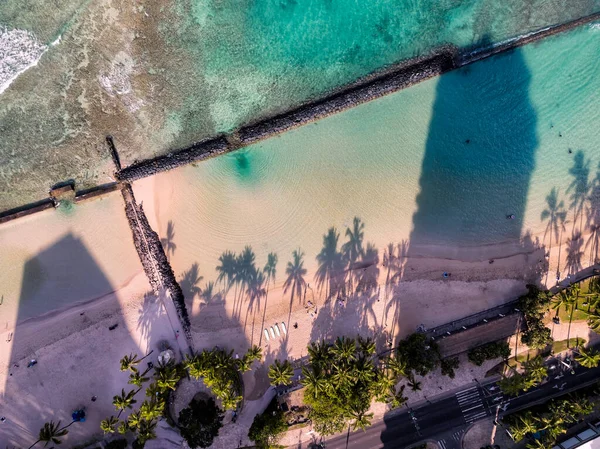 Aerial Top View Waikiki Beach Morning Light Palm Trees Shadows — Stock Photo, Image