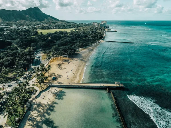 Aerial View Waikiki Queens Beach Oahu Famous Beach Reef Light — Foto Stock