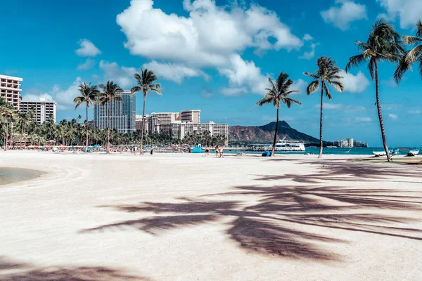 Παραλία Waikiki Άμμο Και Φοινικόδεντρα Στη Χονολουλού Της Χαβάης Φωτογραφία Αρχείου