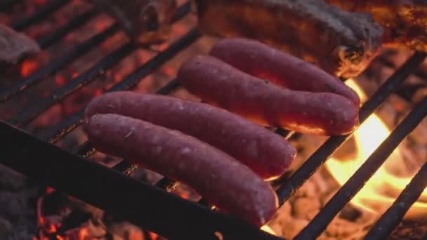 Pečení Šťavnatý Masový Steak Kořením Bylinkami Hořících Dřevěných Uhlících Oheň — Stock video