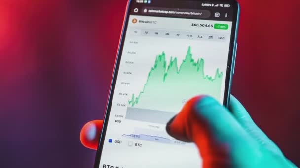 Bitcoin Kurstabelle Auf Dem Smartphone Der Hand Detail Mobile Anwendung — Stockvideo