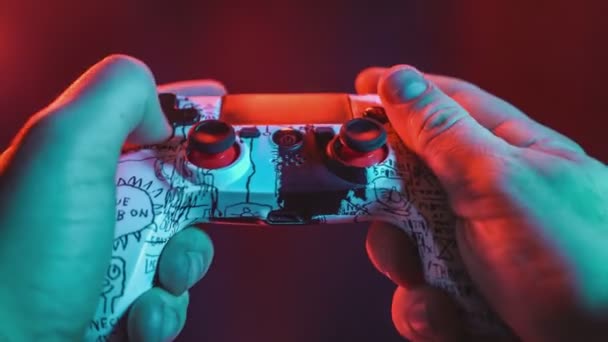 Shot Hands Holding Video Game Console Controlling Joystick — Stok Video