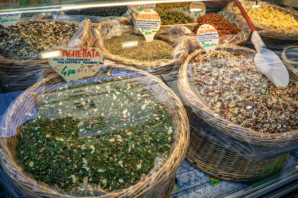 Various spices on farmer market. Baskets of spices in the market stall