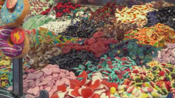 Assortment Gummy Candies Sweets Stall Assorted Colorful Different Shape Jelly — Stock Video