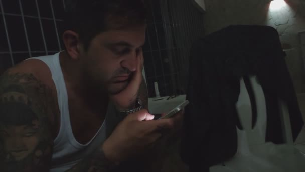 Close Young Bored Man Having Internet Addiction Insomnia Using Smartphone — Stock Video