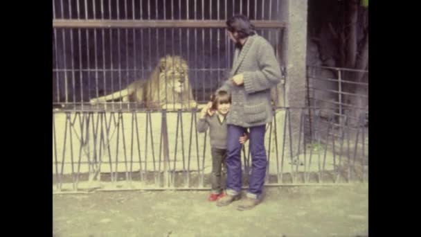 Салобрена Испания Май 1970 Отец Сын Навещают Льва Зоопарке — стоковое видео