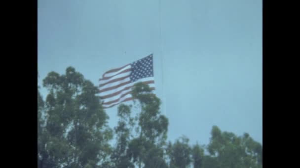洛杉矶 1979年5月 Usa国旗沉浸在70年代的树上 — 图库视频影像