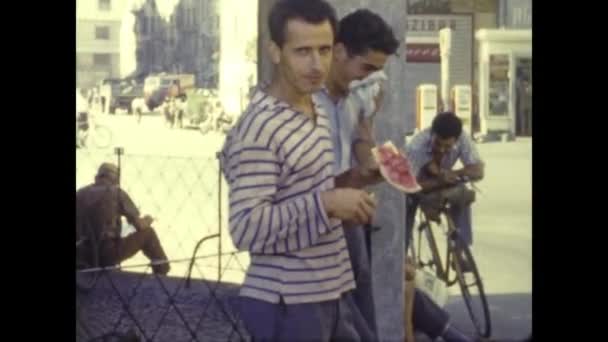 Sanremo Italy June 1958 Boys Eat Watermelon Street 50S — стоковое видео