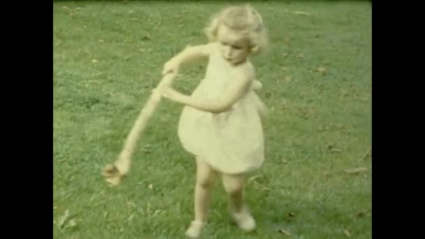 Paris France June 1953 Little Girl Throws Stick Dog 50S — Stockvideo