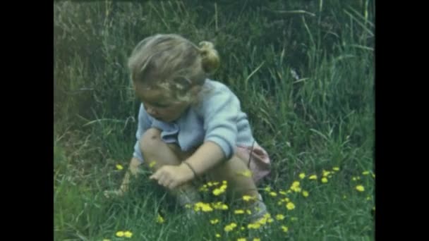 Paris France June 1953 Little Girl Collects Flowers Garden 50S — стоковое видео