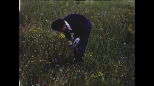 Rzym Włochy Maj 1964 Kobieta Zbiera Kwiaty Łąki Latach Tych — Wideo stockowe