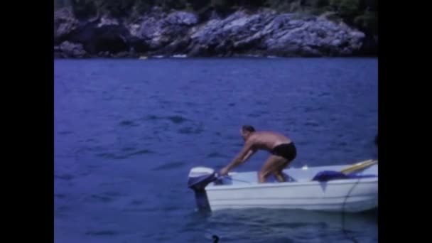 Tellaro Italy August 1965 Man Small Boat — стокове відео