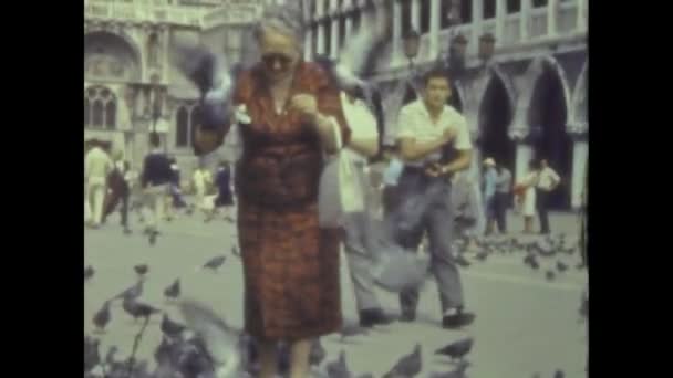 ヴェネツィア イタリア1959年5月 ヴェネツィアで50歳でハトと観光客 — ストック動画