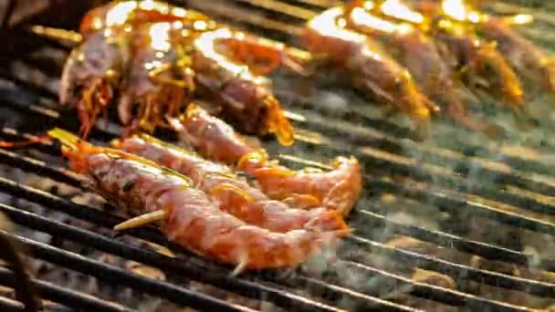 Grilled Shrimp Grill Charcoal Grill Close Shrimps Being Fried Oil — Stockvideo