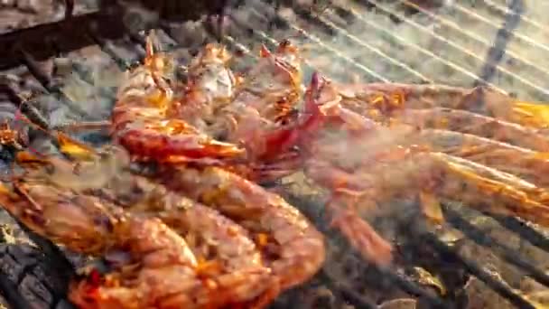 Grilované Krevety Grilu Grilem Dřevěném Uhlí Detailní Záběr Krevet Smažených — Stock video