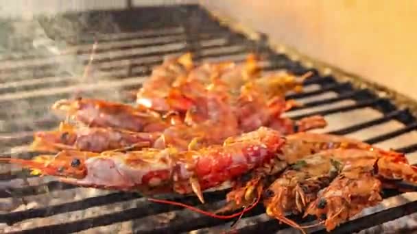 Grilled Shrimp Giant Freshwater Prawn Grilling Charcoal Grilled Shrimp Grill — Vídeo de Stock