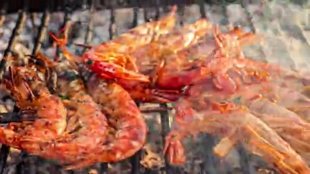 Grilled Shrimp Giant Freshwater Prawn Grilling Charcoal Grilled Shrimp Grill — Stockvideo