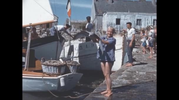 Normandy Prancis Mei 1964 Perempuan Membebaskan Burung Camar Pelabuhan Pada — Stok Video