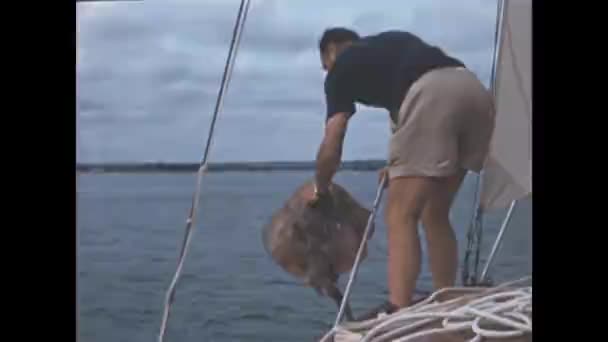 Normandia Francia Maggio 1964 Uomo Barca Pesca Razza Pesci Negli — Video Stock