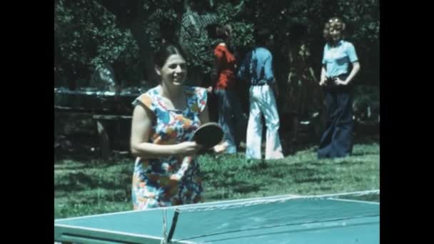Paris France June 1979 Family People Play Table Tennis Garden — 图库视频影像