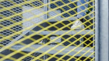 Closeup of girl legs in ripped jeans coming downstair view through the net fence