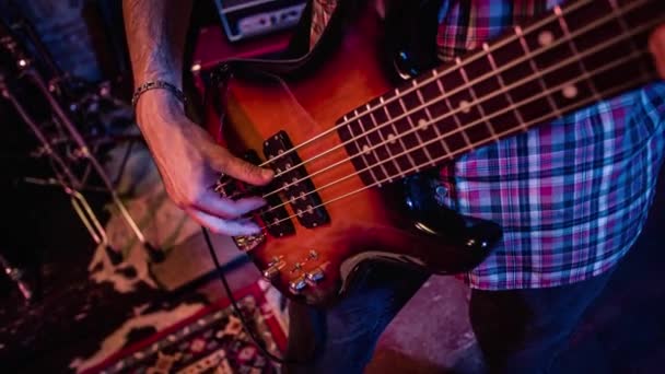 Male Bass Player Plays Bass Live Performance Stage — Stock Video