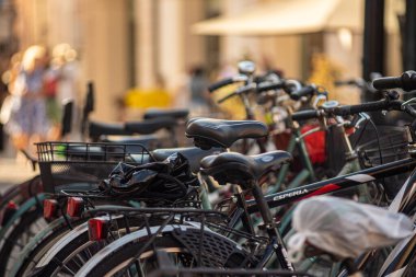 Rovigo, Italy 29 july 2022: Bicycles bike sharing detail