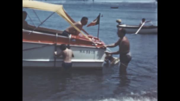 Liguria Italy June 1960 Family Speedboat Sea Vacation Scene 60S — Wideo stockowe