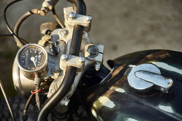 Detail Handlebars Speedometer Vintage Black Motorcycle Visible Chrome Control Details — Stock Photo, Image