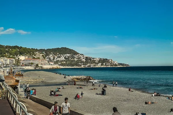 Nice France August 2022 Panoramic Image Nice Beach People Sunbathe — ストック写真