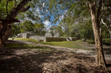 Meksika 'daki Chichen Itza arkeolojik kompleksine ait bitki örtüsü ve ağaçlarla filtrelenmiş tüm bina.
