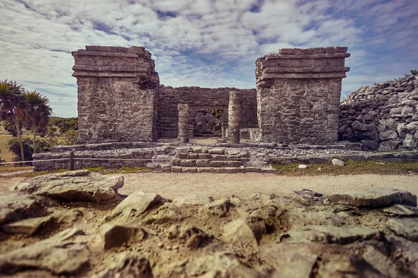 Detalle Las Columnas Toda Construcción Templo Maya Del Complejo Tulum —  Fotos de Stock