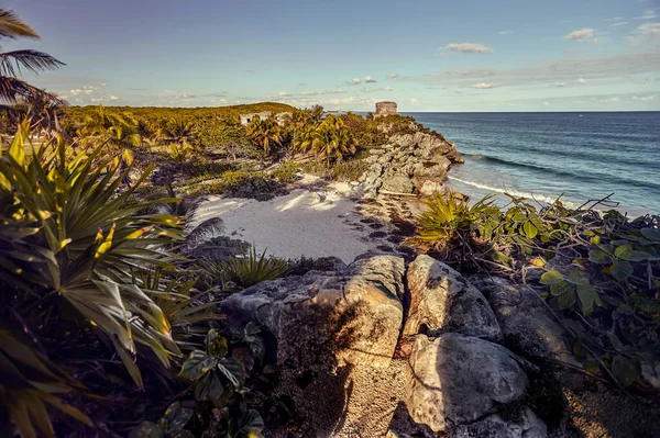 メキシコのマヤ リビエラでカリブ海の非常に小さな自然のビーチのトップビュー トゥルムのマヤ遺跡で撮影 — ストック写真