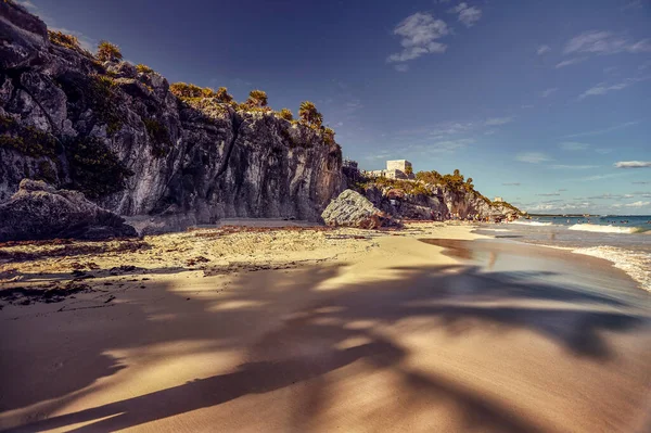 Gün Batımında Meksika Daki Tulum Arkeoloji Sahasının Sahili — Stok fotoğraf
