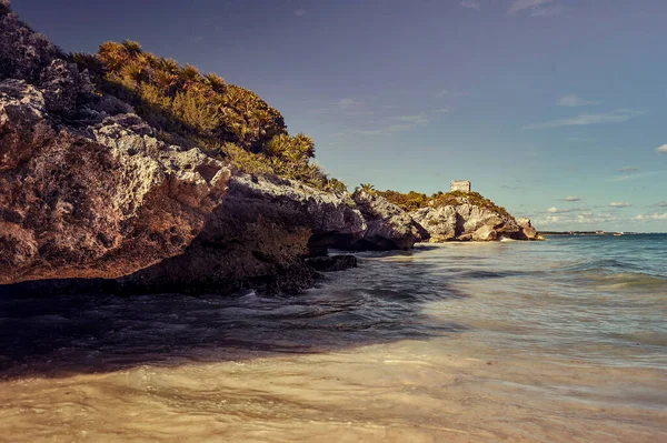 Detail Rock Meets Water Sea Tulum Beach Mexico — Stock Photo, Image