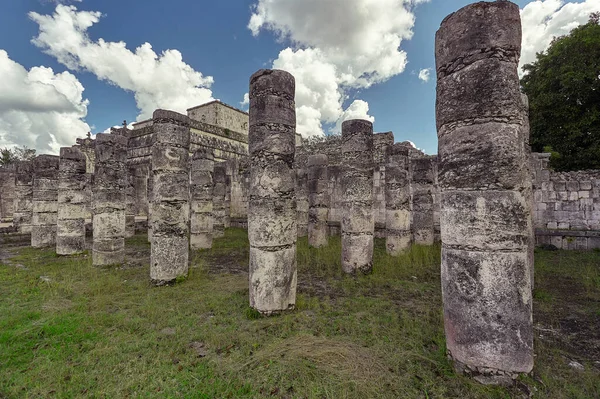 Detalhe Das Colunas Templo Dos Guerreiros Complexo Arqueológico Chichen Itza — Fotografia de Stock