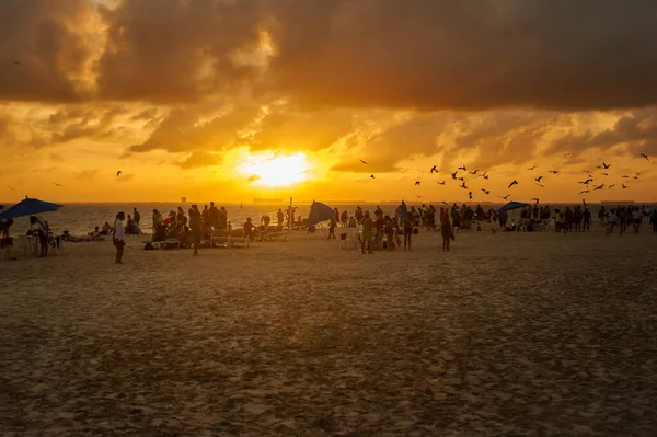 Силуэт Людей Смотрящих Закат Море Пляже Острова Мухерес Мексике — стоковое фото