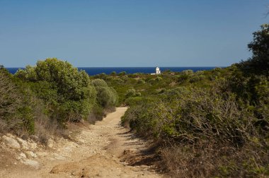 Capo Ferrato Sardunyalı Panoraması Akdeniz mavi deniz horizon ile çevrili deniz feneri yol açar bir toprak yol oluşur.