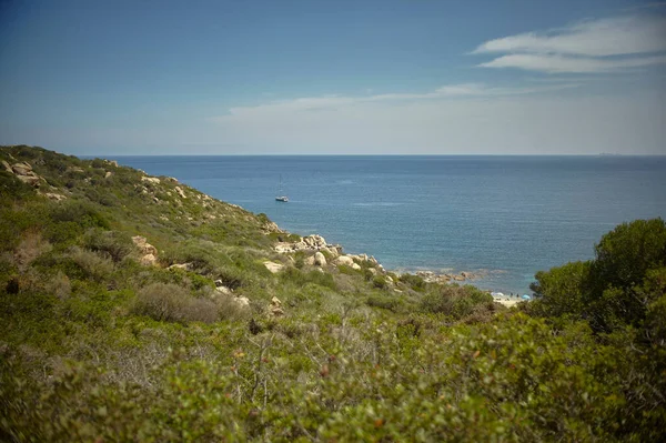 Żagle Żaglówkę Morza Śródziemnego Filtrowane Przez Zielony Cypel Typową Roślinnością — Zdjęcie stockowe