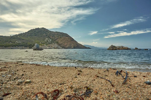 Strzelanie Ziemi Typowej Centralnej Plaży Śródziemnomorskiej Wspaniały Krajobraz Morski Piaskiem — Zdjęcie stockowe