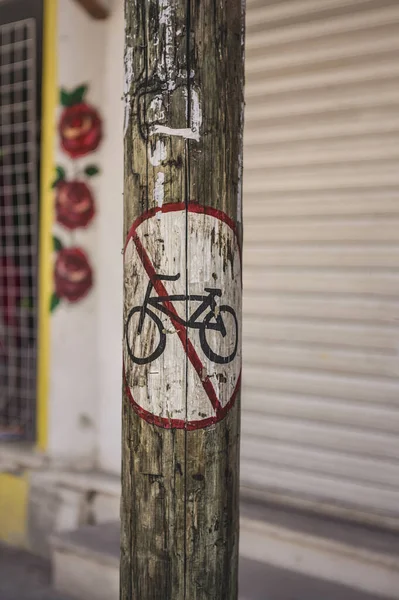 Tulum Mexico August 2022 Bicycle Ban Road Sign Drawn Wooden — Fotografia de Stock