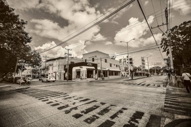 Playa del carmen, Mexico 20 august 2022: Black and white photo of a cross between streets of playa del Carmen in Mexico completely empty in wide angle shot.