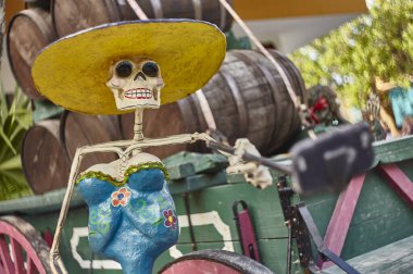 Playa del carmen, Mexico 20 august 2022: Skeleton-shaped statue decorated in Mexico.