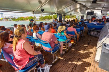 Cancun, Mexico 20 august 2022: People sitting on the ferry to Isla Mujeres in Mexico