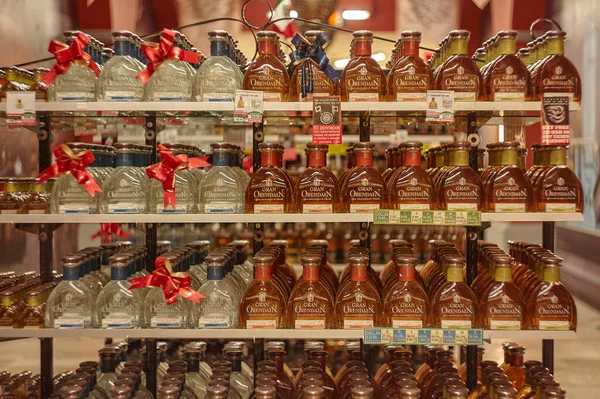 Playa del carmen, Mexico 20 august 2022: Shelves filled with various liquor bottles in a liquor shop