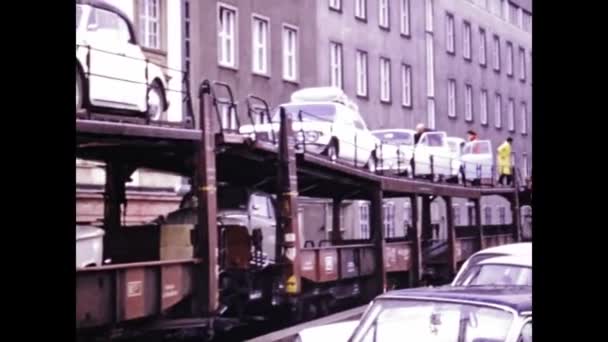 Villach Austria June 1971 New Vehicles Transported Big Car Carrier — стоковое видео