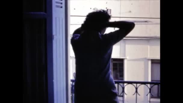 Paris France May 1969 Woman Looks Out Balcony 60S — Stock Video